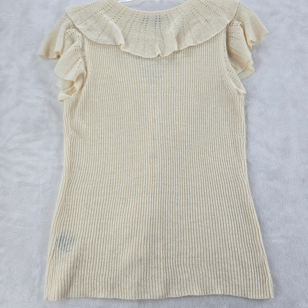 Lauren Ralph Lauren Top Womens M Shirt Cream Ruffle V-Neck 100% Linen Ribbed A2 - Picture 6 of 7